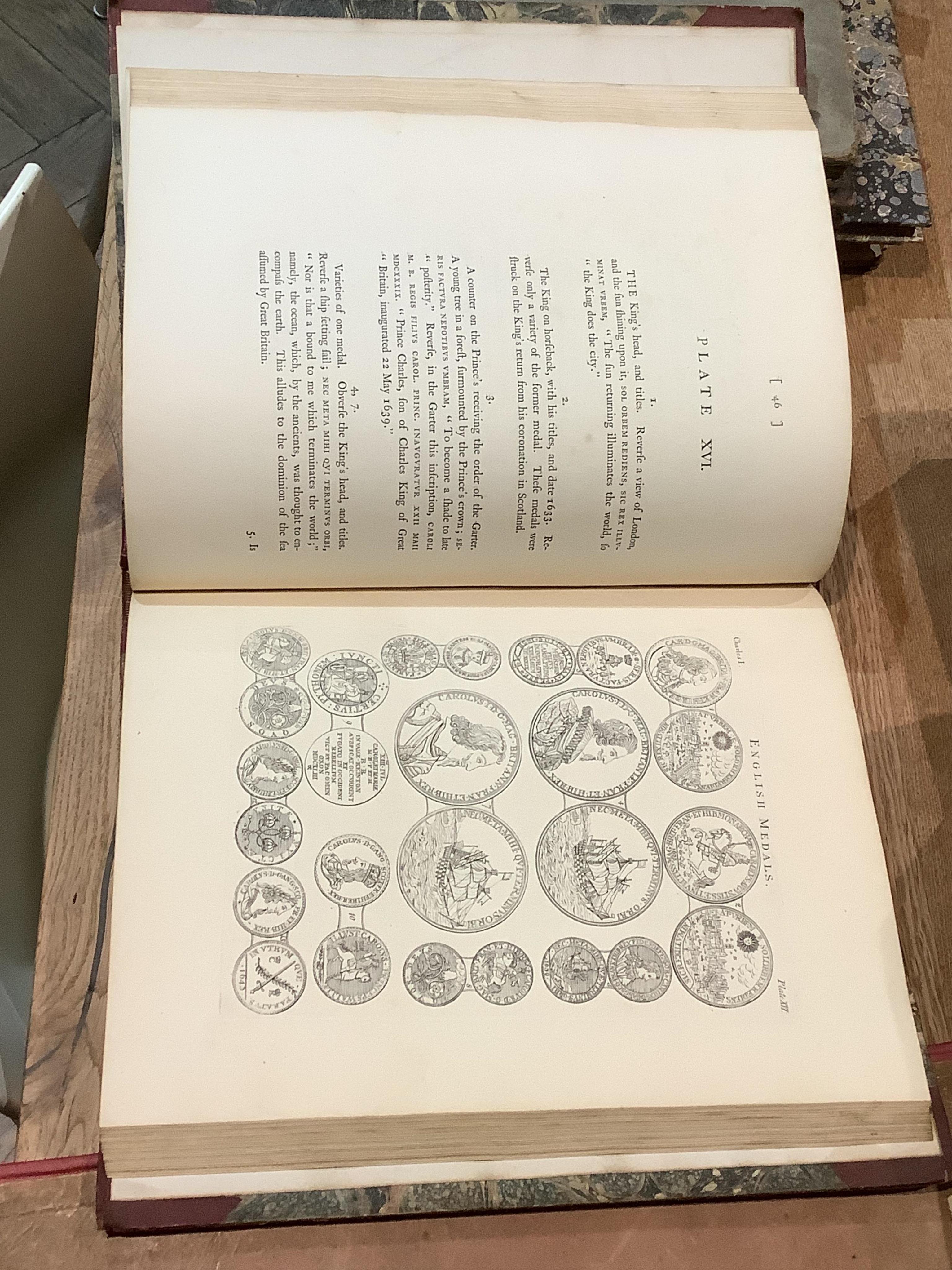 Rapin de Thoyras and Plates engraved by J S Muller for Mr Tindal's continuation of Mr Rapin's Medallic History of England, Vols III-IV Pt II in one volume 1744-47, rebound; another copy nd. incomplete but with 37 plates;